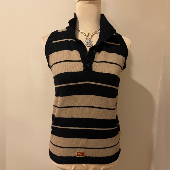 Striped Black and Tan Sleeveless Polo Top - Picture 2 of 7